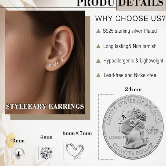 Earrings , Set of 3 Pair, Petite , 925 Sterling Silver NWT - Picture 6 of 7